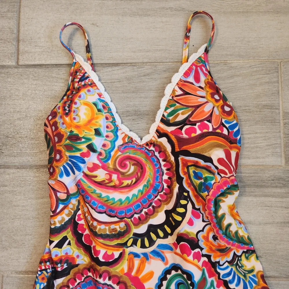 Lucky Brand swimsuit S one piece paisley tropical folk rtsy bohochic new $140